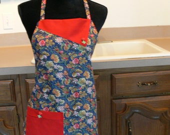 handmade womens full apron - fits most, retro inspired - reversable,  floral print with red accent & large red pocket