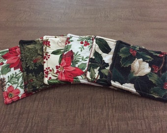 Christmas Fabric Coasters/ Mug Rugs, Set of 6, 5 inch, 2 Ply, batting, Floral, Berries, Poinsettias, Reversible, Decoration