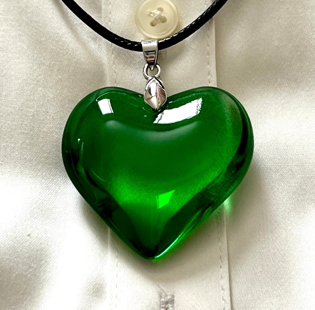 Large Green Glass Heart Necklace, Emerald Green Puffy Heart Pendant