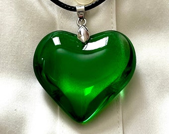 Large Green Glass Heart Necklace, Emerald Green Puffy Heart Pendant with Black Leather Cord Charm Necklace Valentine's Day, Mother's Day