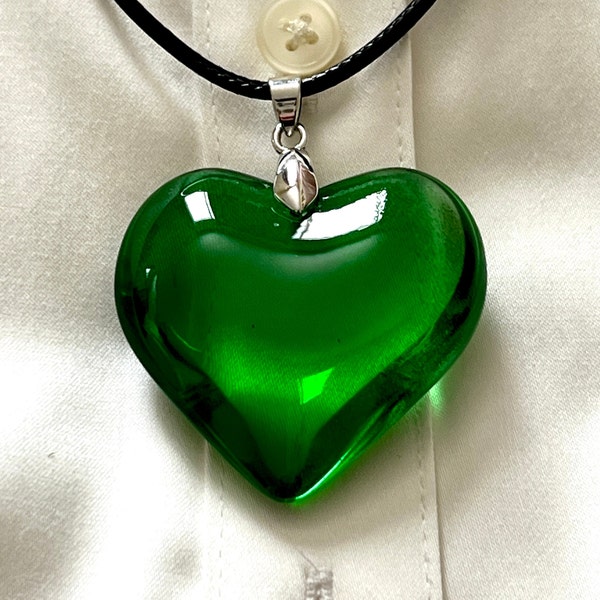 Large Green Glass Heart Necklace, Emerald Green Puffy Heart Pendant with Black Leather Cord Charm Necklace Valentine's Day, Mother's Day