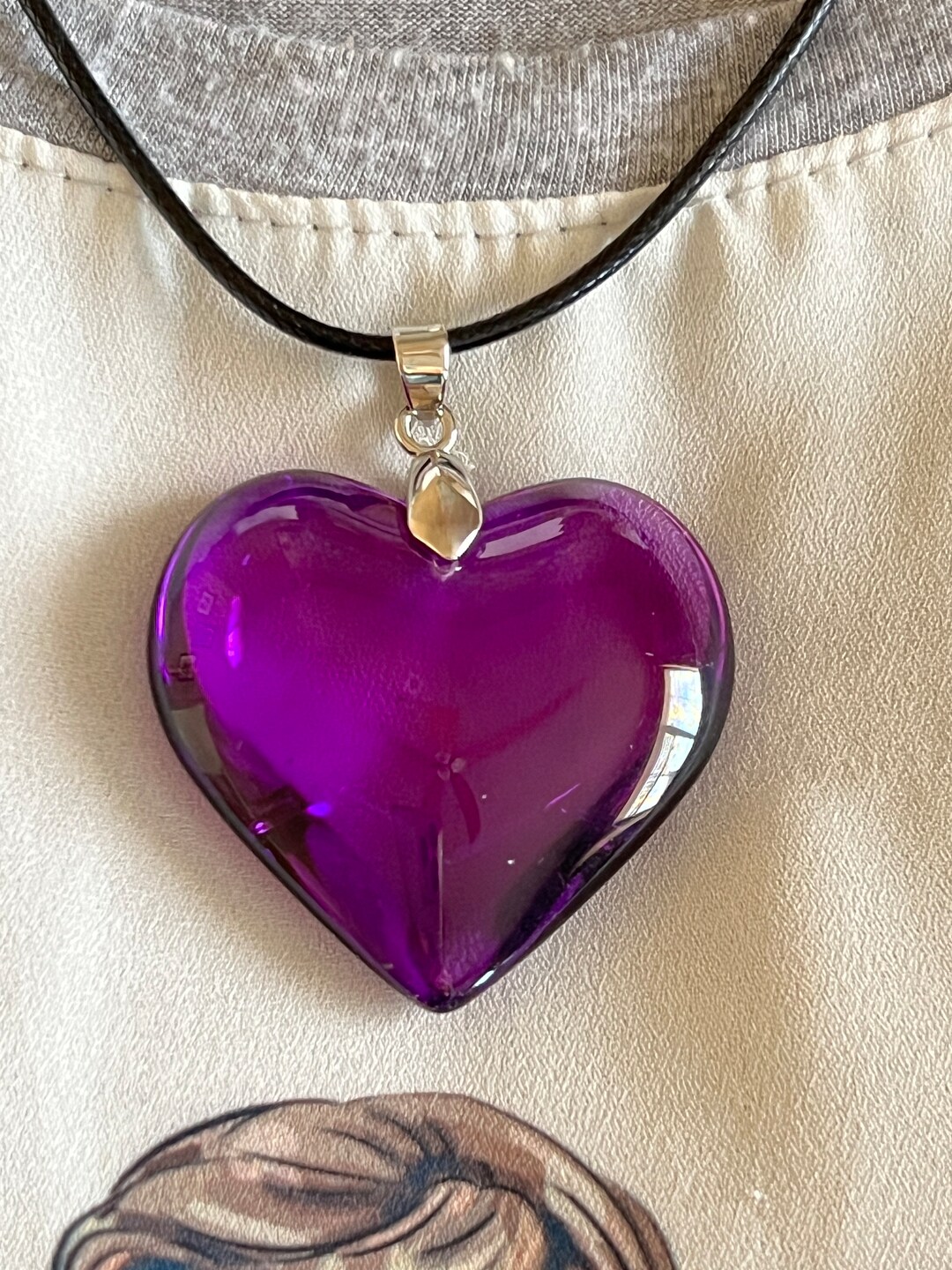 Purple Heart Necklace, Big Purple Glass Heart Pendant, Puff Charm Necklace With Black Leather