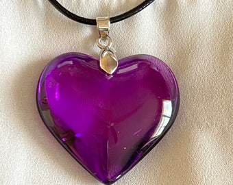 Purple Heart Necklace, Big Purple Glass Heart Pendant, Puff Charm Necklace with Black Leather Cord 19" Long