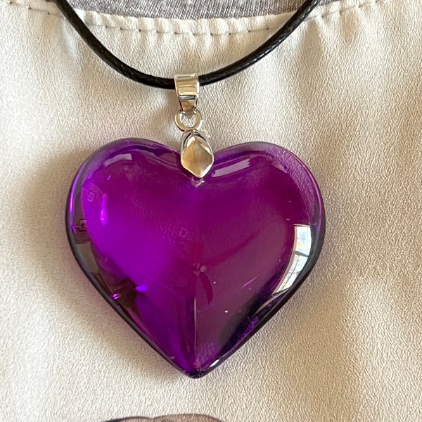 Purple Heart Necklace, Big Purple Glass Heart Pendant, Puff Charm Necklace with Black Leather Cord 19" Long