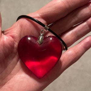 Large Red Glass Heart Necklace, Deep Red Puffy Heart Pendant with Black Leather Cord, Valentine's Day, Mother's Day Necklace. image 9