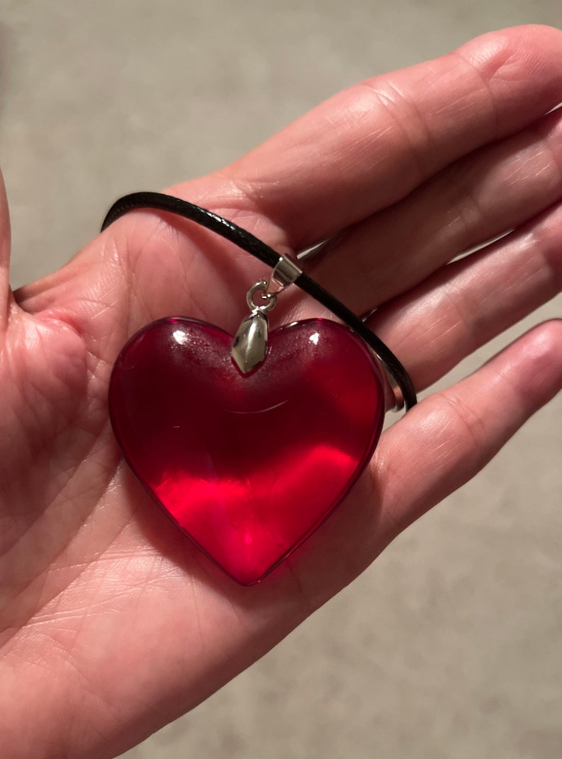 Large Red Glass Heart Necklace, Deep Red Puffy Heart Pendant with Black Leather Cord, Valentine's Day, Mother's Day Necklace. image 9