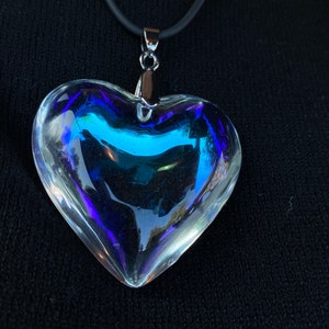 Large Prismatic Glass Heart Necklace, Puffy Heart Pendant with Black Leather Cord, Charm Necklace Valentine's Day, Mother's Day Necklace.
