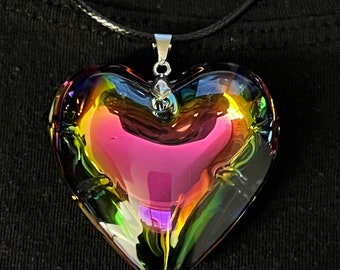 Large Rainbow Puffy Heart Pendant, Iridescent Glass Heart with Black Leather Cord for Valentine's Day, Mother's Day Necklace