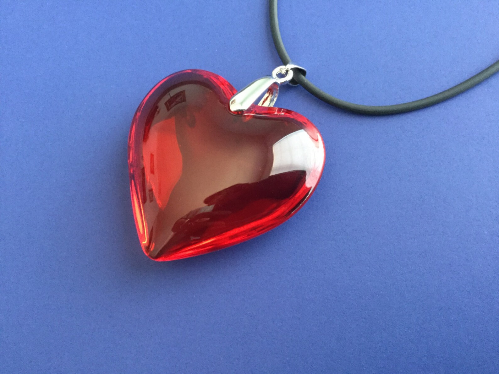 Large Red Glass Heart Necklace Deep Red Puffy Heart Pendant Etsy