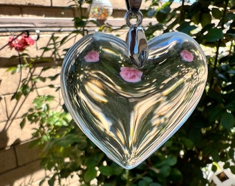 Large Clear Glass Heart Necklace, Puffy Heart Pendant with Black Leather Cord, Charm Necklace Valentine's Day, Mother's Day Necklace.