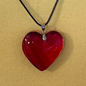 Large Red Glass Heart Necklace, Deep Red Puffy Heart Pendant with Black Leather Cord, Valentine's Day, Mother's Day Necklace. image 8