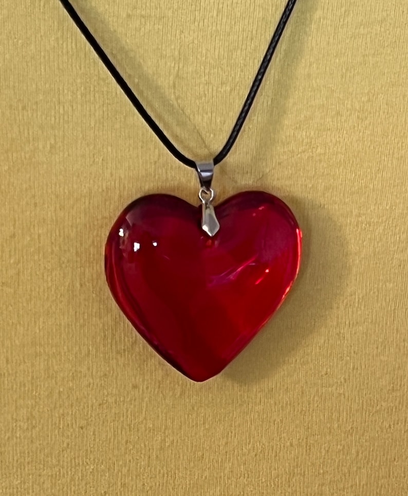 Large Red Glass Heart Necklace, Deep Red Puffy Heart Pendant with Black Leather Cord, Valentine's Day, Mother's Day Necklace. image 8