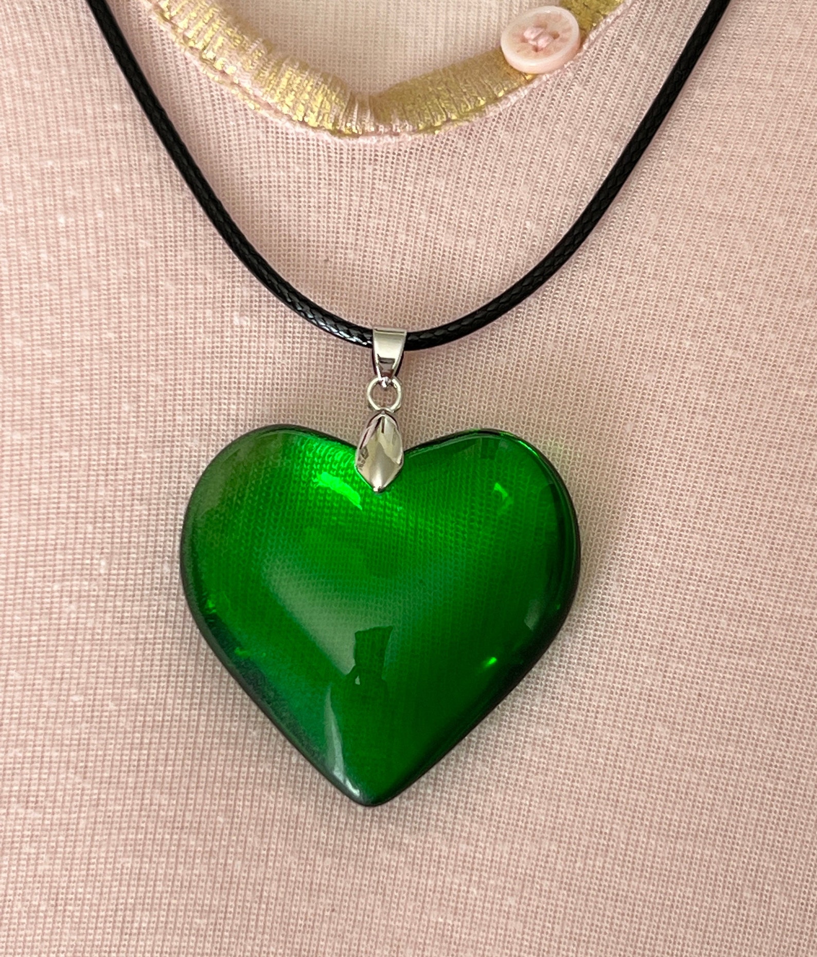 Large Green Glass Heart Necklace Emerald Green Puffy Heart Etsy