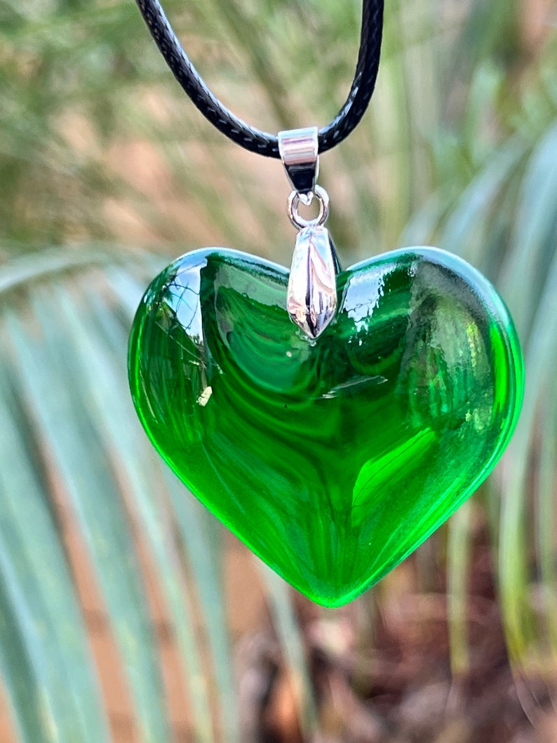 Large Green Glass Heart Necklace Emerald Green Puffy Heart Etsy