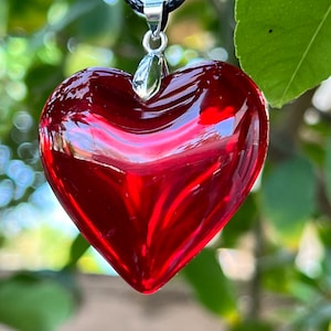 Large Red Glass Heart Necklace, Deep Red Puffy Heart Pendant with Black Leather Cord, Valentine's Day, Mother's Day Necklace. image 5