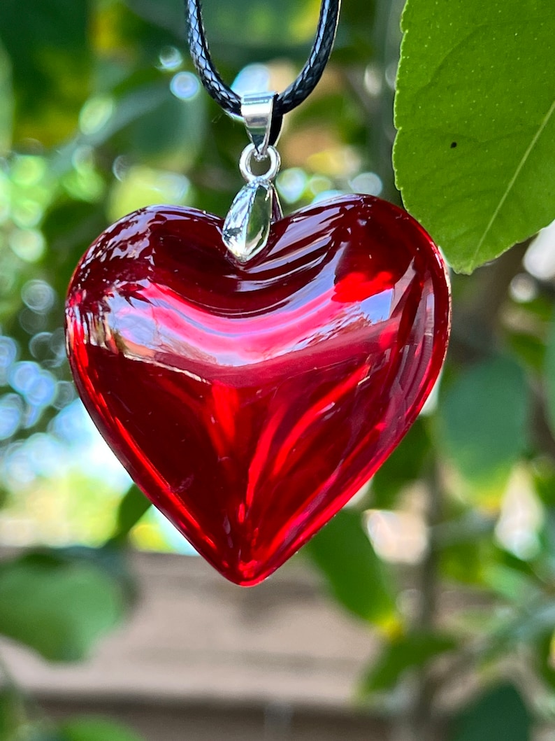 Large Red Glass Heart Necklace, Deep Red Puffy Heart Pendant with Black Leather Cord, Valentine's Day, Mother's Day Necklace. image 5