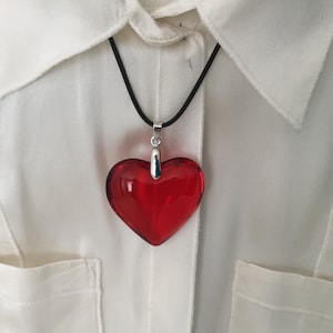 Large Red Glass Heart Necklace, Deep Red Puffy Heart Pendant with Black Leather Cord, Valentine's Day, Mother's Day Necklace.