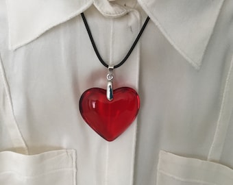 Large Red Glass Heart Necklace, Deep Red Puffy Heart Pendant with Black Leather Cord, Valentine's Day, Mother's Day Necklace.