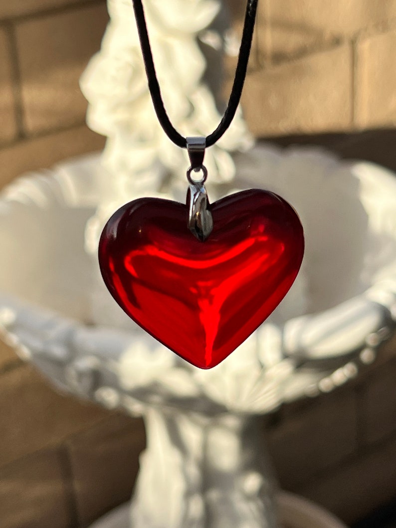 Large Red Glass Heart Necklace, Deep Red Puffy Heart Pendant with Black Leather Cord, Valentine's Day, Mother's Day Necklace. image 3