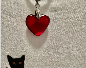 Small (1 inch) Red Glass Heart Necklace, Deep Red Puffy Heart Pendant with Black Leather Cord, Valentine's Day, Mother's Day Necklace.