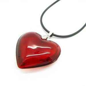 Large Red Glass Heart Necklace, Deep Red Puffy Heart Pendant With Black ...
