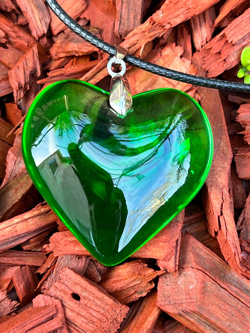 Large Green Glass Heart Necklace Emerald Green Puffy Heart Etsy