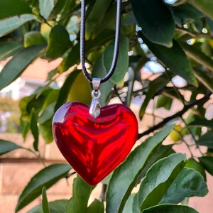 Large Red Glass Heart Necklace, Deep Red Puffy Heart Pendant with Black Leather Cord, Valentine's Day, Mother's Day Necklace. image 2