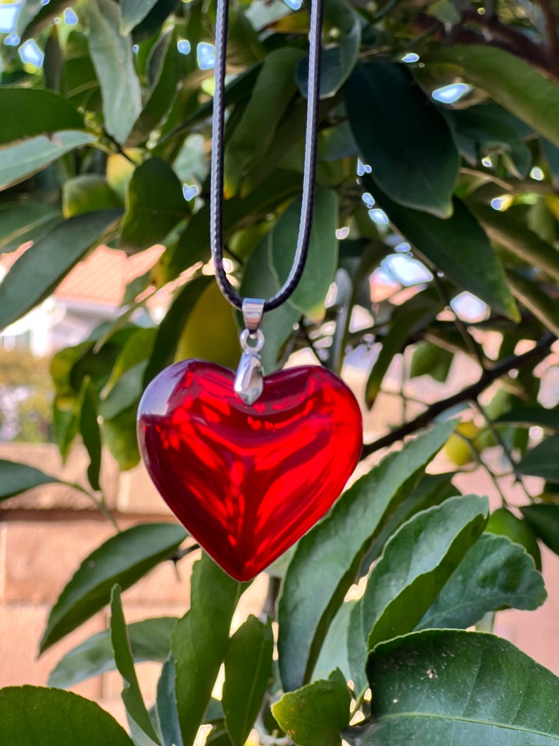 Large Red Glass Heart Necklace, Deep Red Puffy Heart Pendant with Black Leather Cord, Valentine's Day, Mother's Day Necklace. image 2