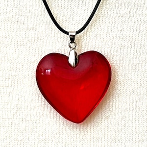 Large Red Glass Heart Necklace, Deep Red Puffy Heart Pendant with Black Leather Cord, Valentine's Day, Mother's Day Necklace. image 4