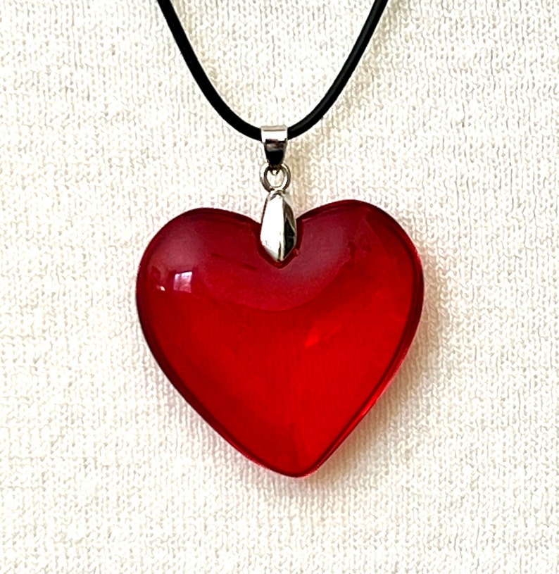 Large Red Glass Heart Necklace, Deep Red Puffy Heart Pendant with Black Leather Cord, Valentine's Day, Mother's Day Necklace. image 4