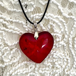 Large Red Glass Heart Necklace, Deep Red Puffy Heart Pendant With Black ...