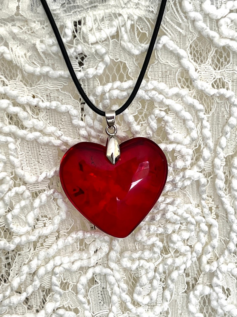 Large Red Glass Heart Necklace, Deep Red Puffy Heart Pendant with Black Leather Cord, Valentine's Day, Mother's Day Necklace. image 10