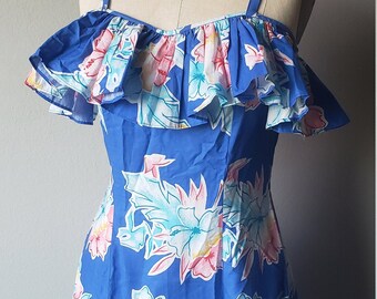 Vintage 1960's Blue Hawaiian Dress// Vintage// 1960's// Women's// Viva Las Vegas// VLV// Hawaiian// Tiki// Long Dress// Tropical