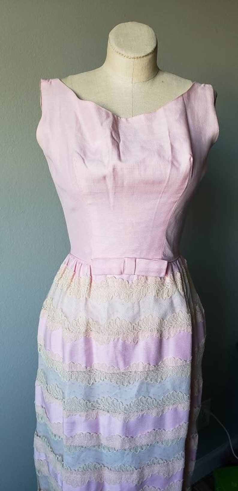 Vintage 1950's Nadine Dress// Vintage// Dress// 50s// Pink// Lace// Bow// Women's Fashion// Pinup Dress image 1