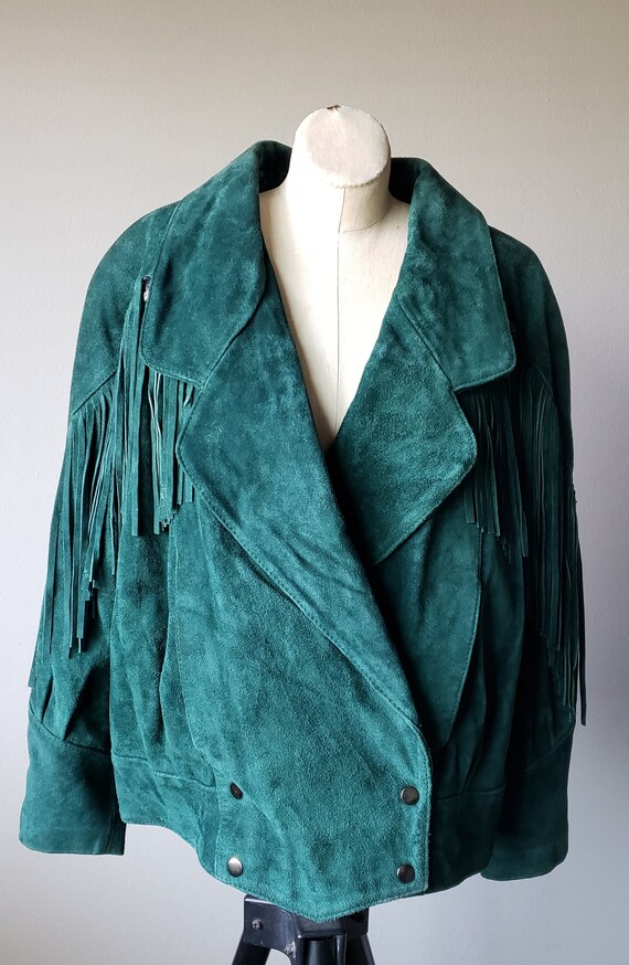1980's Vintage Green Suede Fringe Motorcycle Jacke
