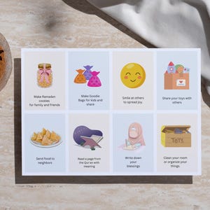 May include: A set of eight illustrated cards with tips for celebrating Ramadan. The cards feature colorful illustrations of cookies, goodie bags, a smiling face, toys, food, a Quran, a person writing, and a toy chest. The text on the cards includes phrases like "Make Ramadan cookies for family and friends", "Share your toys with others", and "Read a page from the Quran with meaning".