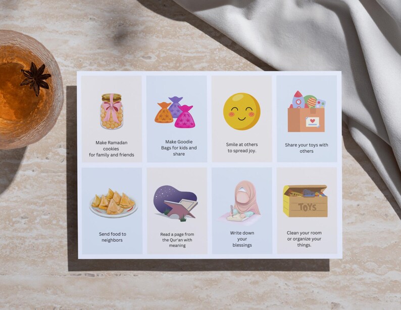 May include: A set of eight illustrated cards with tips for celebrating Ramadan. The cards feature colorful illustrations of cookies, goodie bags, a smiling face, toys, food, a Quran, a person writing, and a toy chest. The text on the cards includes phrases like "Make Ramadan cookies for family and friends", "Share your toys with others", and "Read a page from the Quran with meaning".