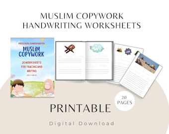 Può includere: Un'immagine di "Muslim Copywork Handwriting Worksheets" per la scuola materna e l'asilo. L'immagine mostra un libro e diversi fogli di lavoro con testo in arabo e inglese, tra cui "We read Quran" e "I love Islam". Le parole "Printable" e "Digital Download" sono visibili.