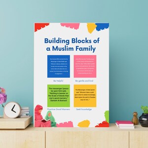 May include: A colorful poster with the title "Building Blocks of a Muslim Family". The poster is divided into four sections, each with a different color and a quote about being helpful, gentle, practicing good manners, and seeking knowledge. The poster is illustrated with a woman in a headscarf reading a book.
