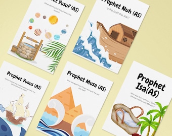 Può includere: Cinque carte colorate con illustrazioni e testo su diversi profeti dell'Islam. Le carte mostrano immagini di un pozzo, una barca, una balena, una piramide e una culla. Il testo sulle carte include i nomi dei profeti, come il profeta Yusuf, il profeta Nuh, il profeta Yunus, il profeta Musa e il profeta Isa.