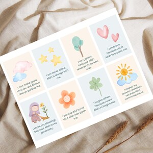 May include: A set of colorful affirmation cards with illustrations of clouds, stars, trees, hearts, flowers, shamrocks, and a sun. The cards feature positive affirmations about making good choices, being patient, being brave, sharing blessings, being thankful, forgiving others, respecting parents and elders, and never being alone.