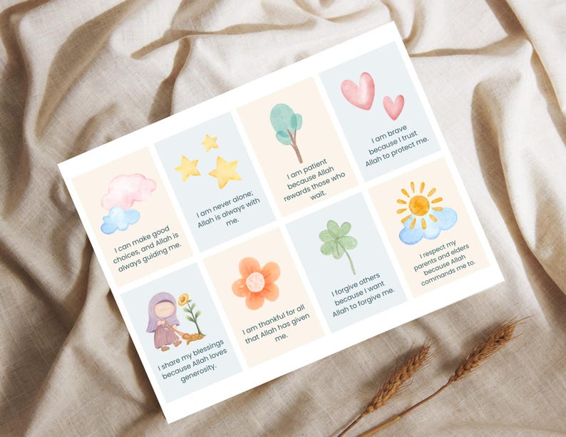 May include: A set of colorful affirmation cards with illustrations of clouds, stars, trees, hearts, flowers, shamrocks, and a sun. The cards feature positive affirmations about making good choices, being patient, being brave, sharing blessings, being thankful, forgiving others, respecting parents and elders, and never being alone.