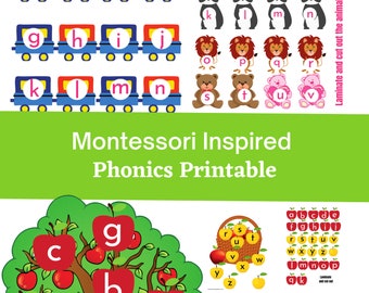 Può includere: Stampabile di fonetica ispirato a Montessori, un set di 10 pagine stampabili con lettere dell'alfabeto su treni, animali e un albero con mele. Lamina e ritaglia gli animali.