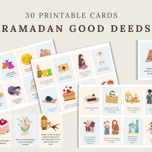 May include: Thirty printable cards with illustrations and text for Ramadan good deeds. The cards feature a variety of activities, such as baking a cake for the mosque, giving a sincere apology, reflecting on good deeds, donating to charity, and reading a short surah or dua from the Quran.