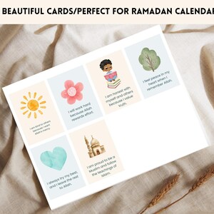 May include: Set of 30 printable cards featuring colorful illustrations and positive affirmations for Ramadan. The cards include phrases like "I will work hard because Allah rewards effort." and "I am honest with myself and others because I value truth."