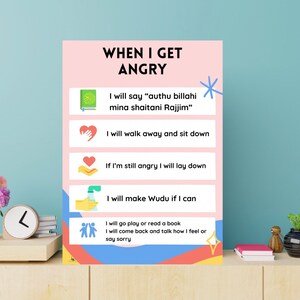May include: A pink and blue poster with the title "When I Get Angry". The poster lists five steps to help manage anger, including saying a prayer, walking away, laying down, making Wudu, and playing or reading a book.