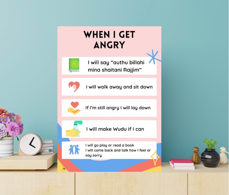 May include: A pink and blue poster with the title "When I Get Angry". The poster lists five steps to help manage anger, including saying a prayer, walking away, laying down, making Wudu, and playing or reading a book.