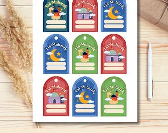 Può includere: Nove etichette regalo stampabili con un design festivo Eid Mubarak. Ogni etichetta presenta una luna crescente, una moschea e una stella in vari colori. Le etichette sono pronte per essere personalizzate con un messaggio.