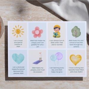 May include: A set of eight affirmation cards with colorful illustrations and positive messages about faith and self-esteem. The cards feature images of a sun, a flower, a boy reading a book, a tree, a heart, a person praying, balloons, and a heart with a yellow background.