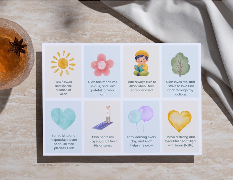 May include: A set of eight affirmation cards with colorful illustrations and positive messages about faith and self-esteem. The cards feature images of a sun, a flower, a boy reading a book, a tree, a heart, a person praying, balloons, and a heart with a yellow background.